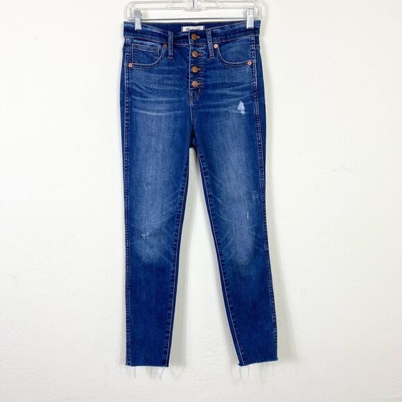 Madewell Dark Wash Distressed Denim Button Fly 10” High-Rise Skinny Jeans Sz 26 - Picture 1 of 9